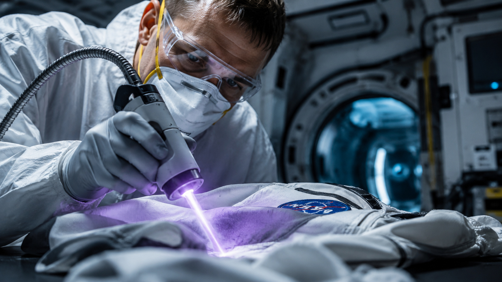 Cientista utiliza dispositivo de plasma para higienizar tecido semelhante a um traje espacial em ambiente tecnológico, representando pesquisas para limpeza de roupas de astronautas em futuras missões à Lua e Marte.