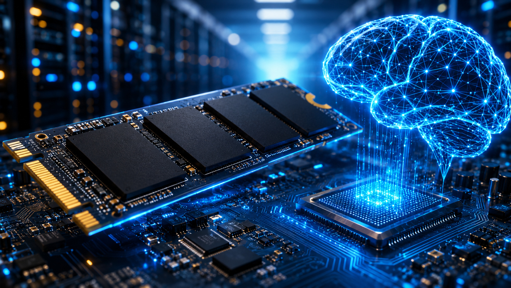 Chip de memória NAND em uma placa eletrônica ao lado de uma representação holográfica de inteligência artificial, simbolizando o crescimento da demanda por armazenamento de dados impulsionado por tecnologias avançadas de IA.