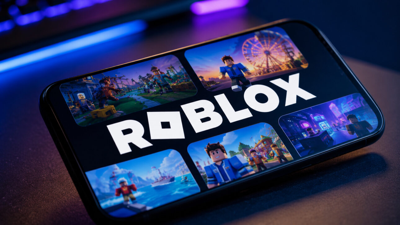 Smartphone exibindo a plataforma Roblox com diferentes experiências de jogos na tela, representando a iniciativa Expedição Roblox voltada à formação de jovens em programação, desenvolvimento de jogos e criação digital no Brasil.