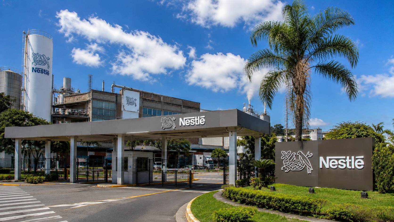 Fachada ilustrativa de unidade industrial da Nestlé com portaria, silos e estruturas fabris, representando modernização, automação e produção de café solúvel em Araras.