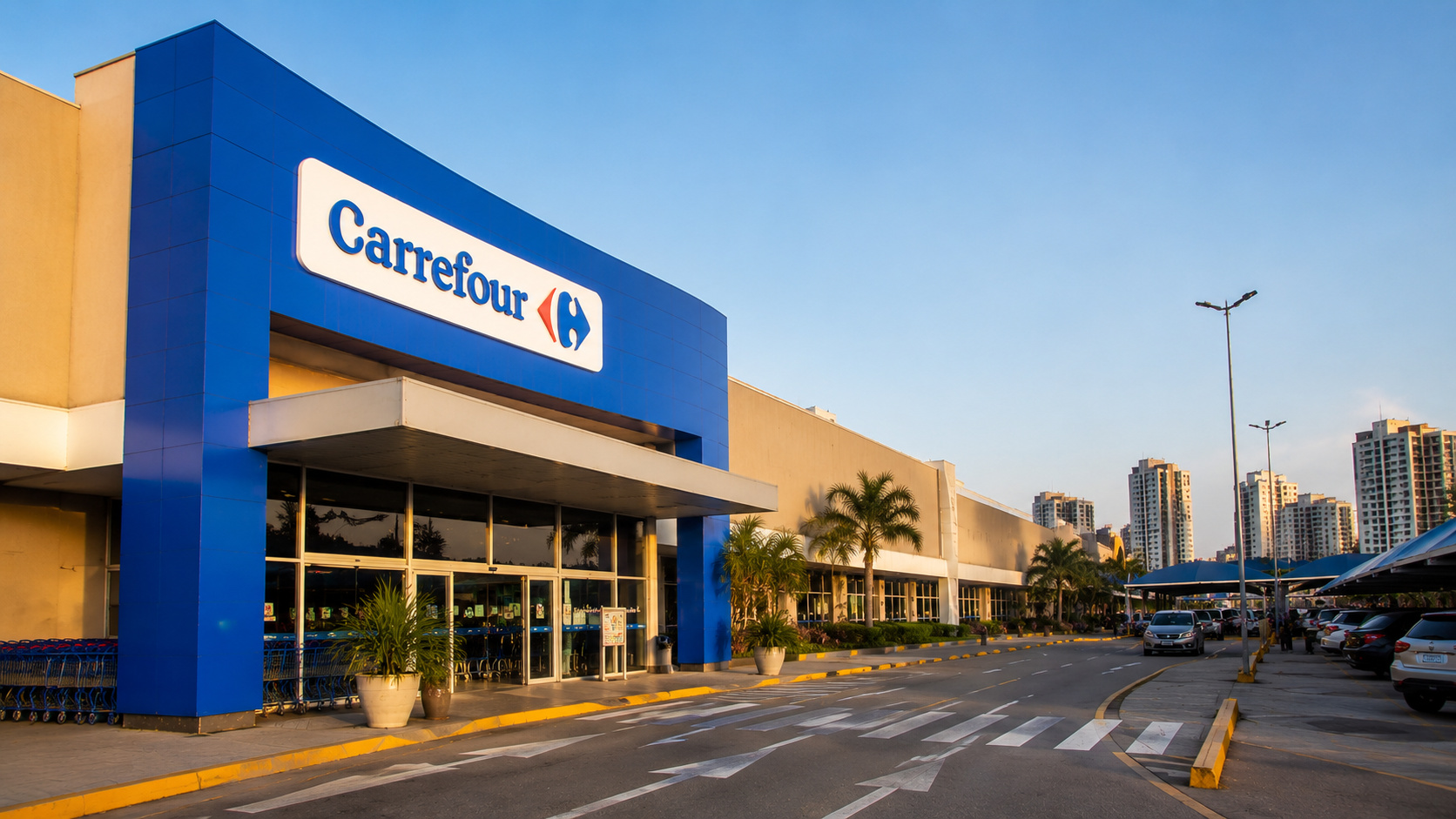Fachada de supermercado do Carrefour com estacionamento, área de circulação de veículos e prédios ao fundo, ilustrando a troca de operação para a chegada da rede Macromix.