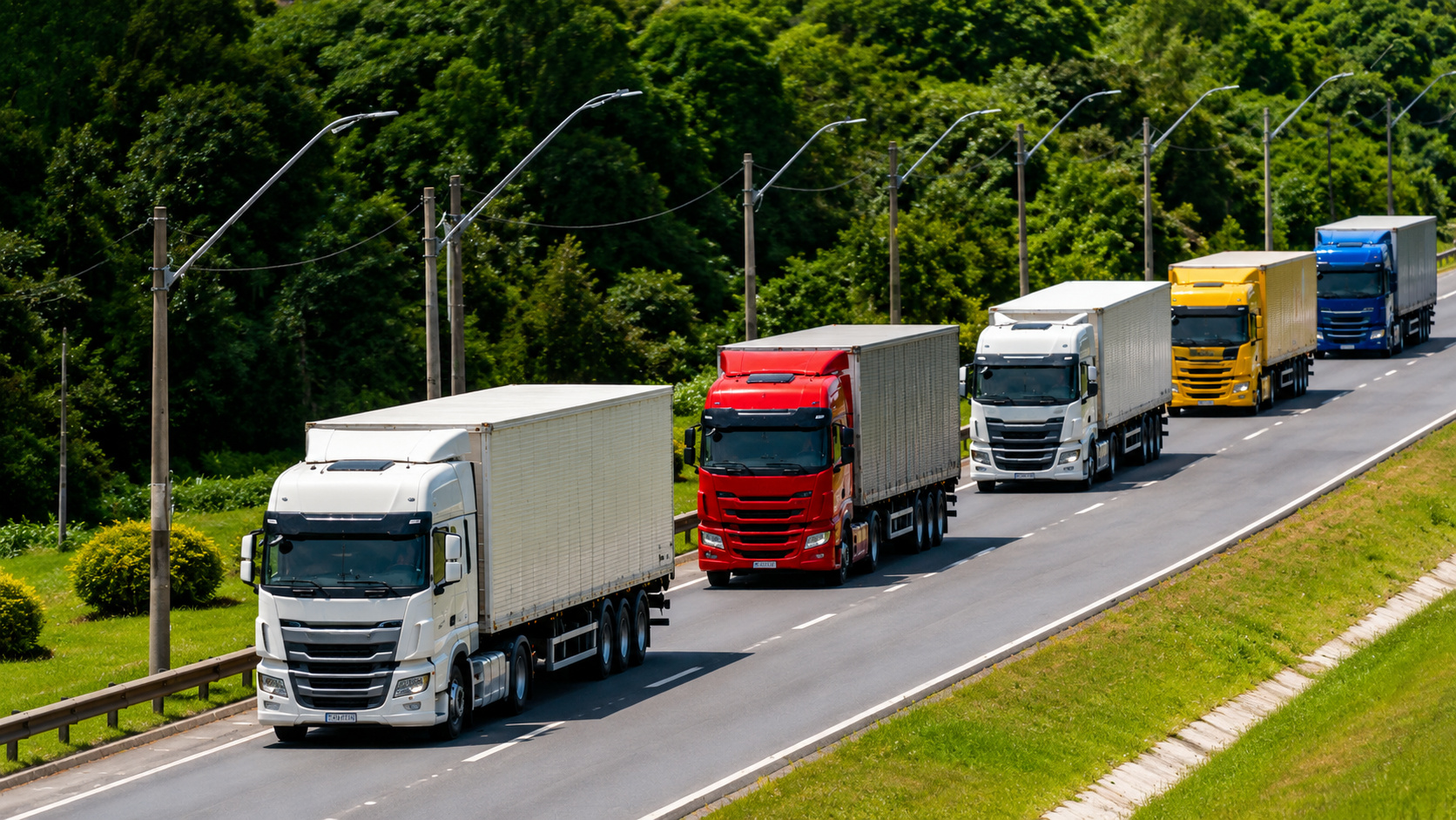 Caminhões de carga trafegam em rodovia cercada por vegetação, representando a logística inteligente e a otimização de entregas com apoio da inteligência artificial no Brasil.