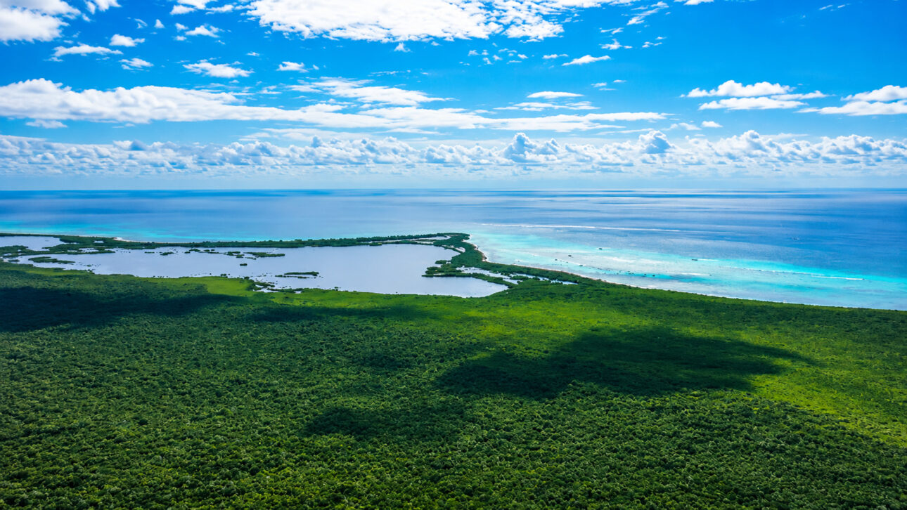 Vista aérea de una extensa selva tropical cercana al litoral, con lagunas naturales y océano al fondo, representando ambientes poco explorados donde los investigadores creen que aún se pueden encontrar nuevas evidencias sobre la ocupación humana antigua.