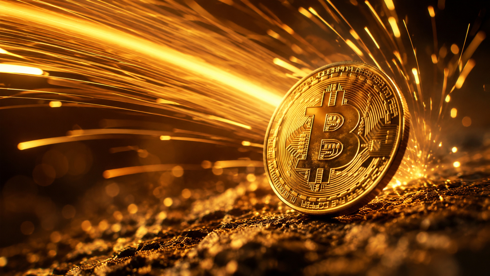 Moeda física de bitcoin iluminada por feixes de luz em movimento, representando a forte volatilidade do mercado de criptomoedas após a queda da cotação para abaixo de US$ 60 mil.
