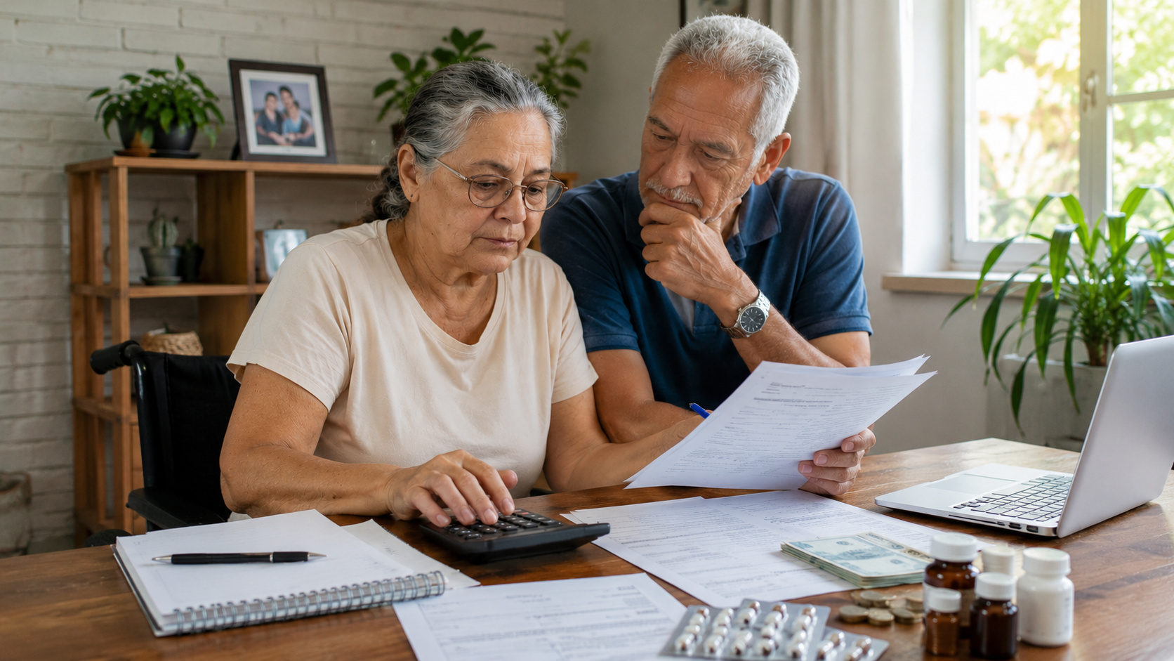 Casal de idosos analisa documentos, despesas médicas e contas domésticas em mesa de trabalho, representando beneficiários do BPC diante de possível mudança nas regras do benefício.