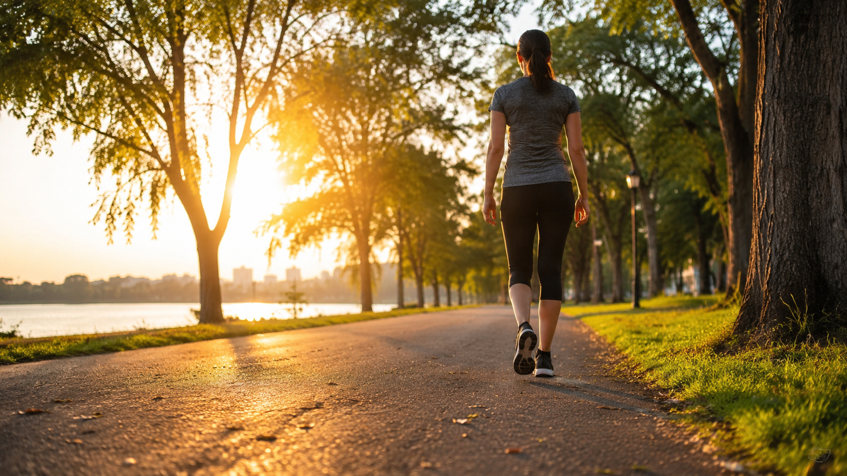 Pessoa caminhando em um parque arborizado durante o pôr do sol, representando os benefícios da caminhada diária para a saúde, o bem-estar e o gasto de calorias ao longo do tempo.