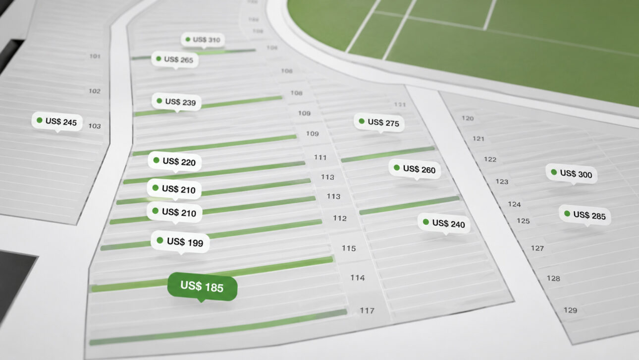 Tela de plataforma de ingressos com mapa de setores de estádio, assentos disponíveis destacados em verde e preços variados para partidas da Copa do Mundo de 2026.