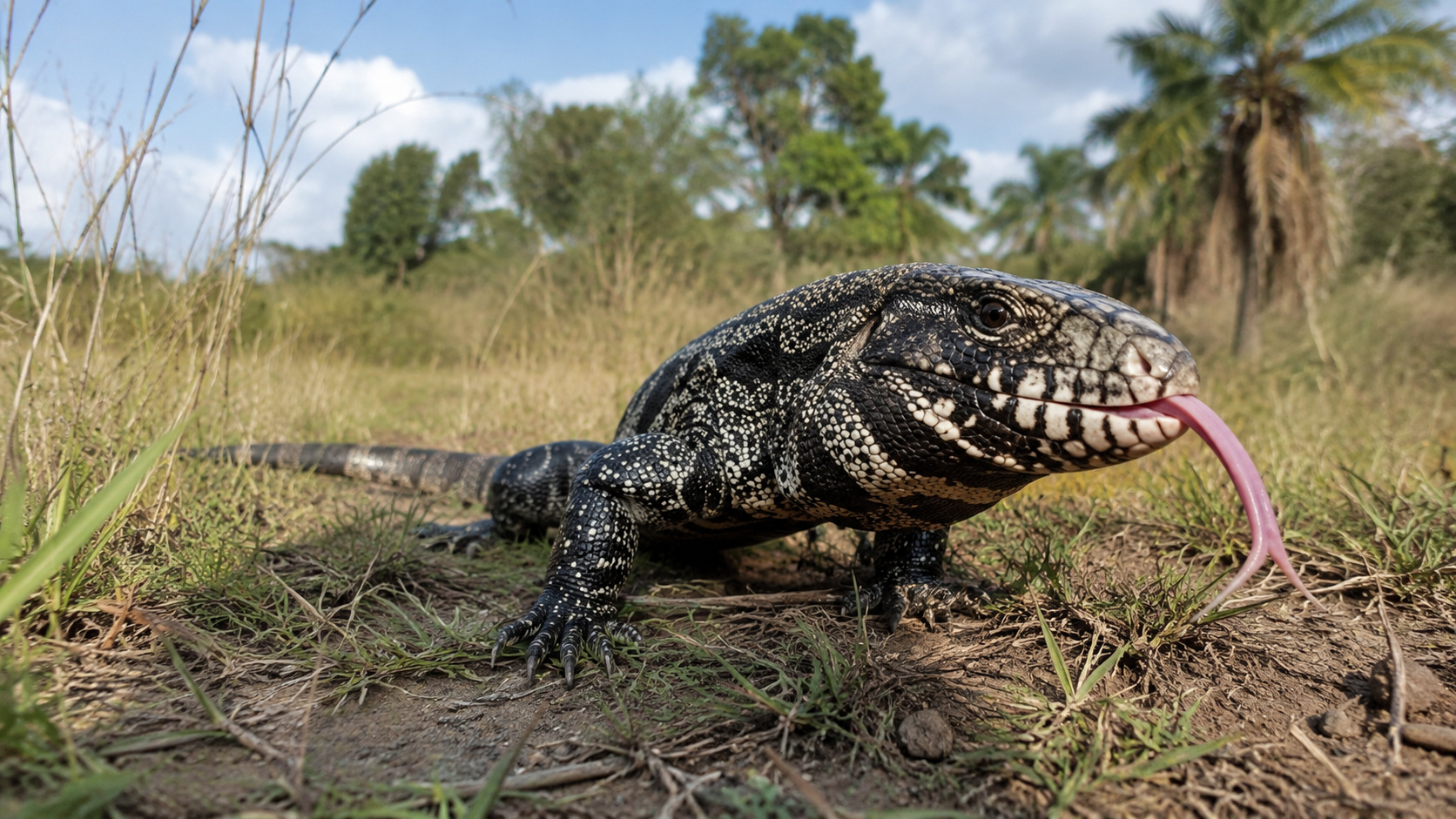 Teiú preto e branco argentino em área de vegetação seca na Georgia, espécie invasora que preocupa autoridades ambientais por ameaçar a fauna nativa dos Estados Unidos.