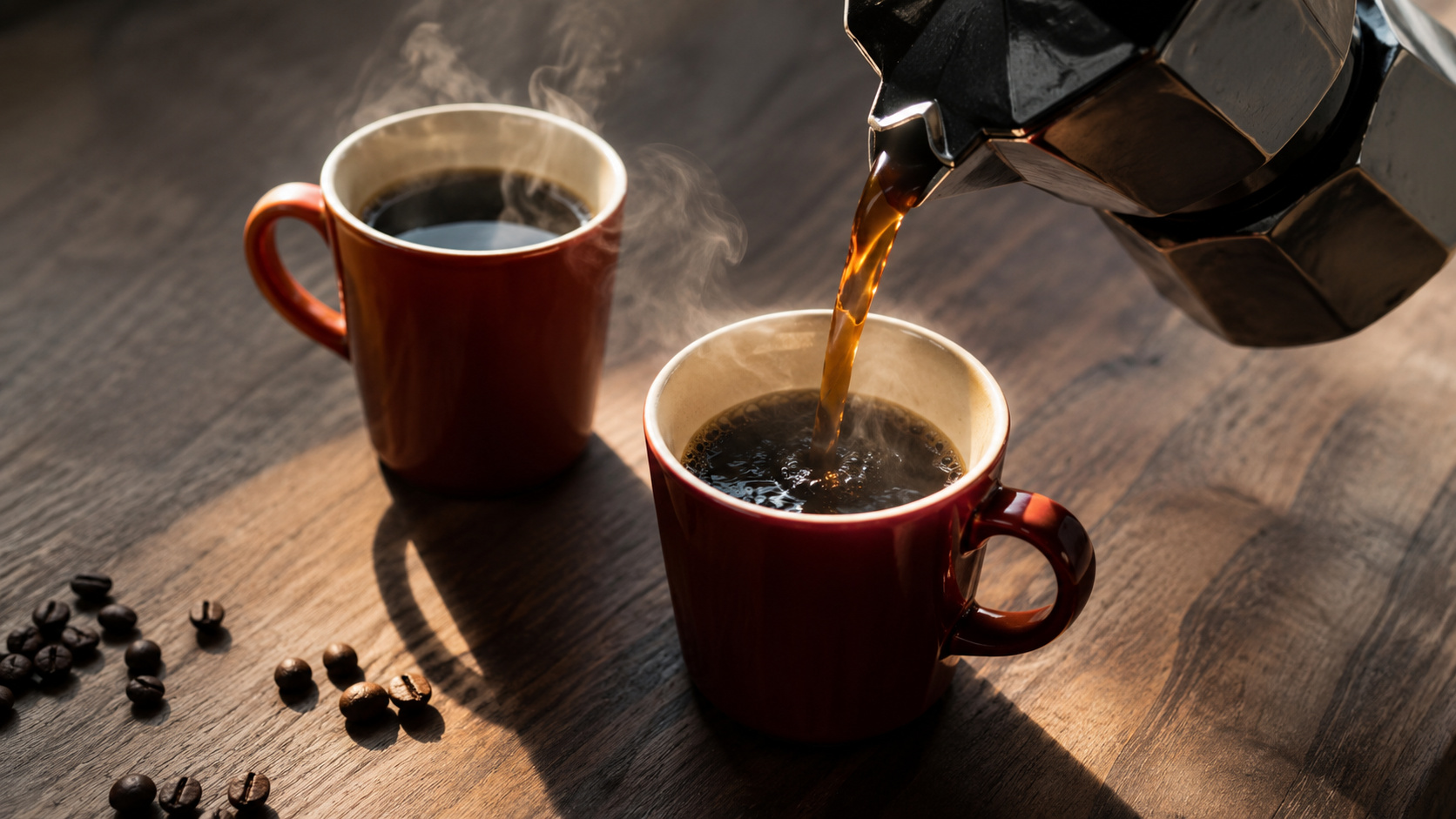 Duas xícaras vermelhas com café quente sobre mesa de madeira, com vapor, grãos espalhados e cafeteira servindo a bebida.