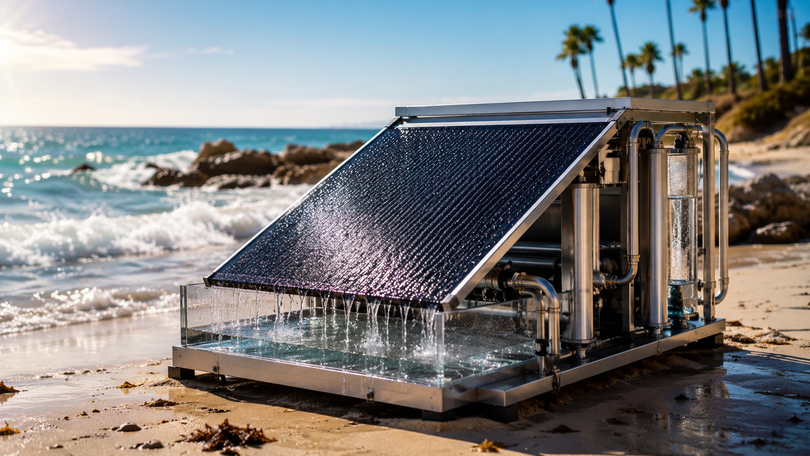 Protótipo de sistema de dessalinização movido a energia solar instalado em uma praia, utilizando tecnologia avançada para transformar água do mar em água potável sem gerar salmoura tóxica.
