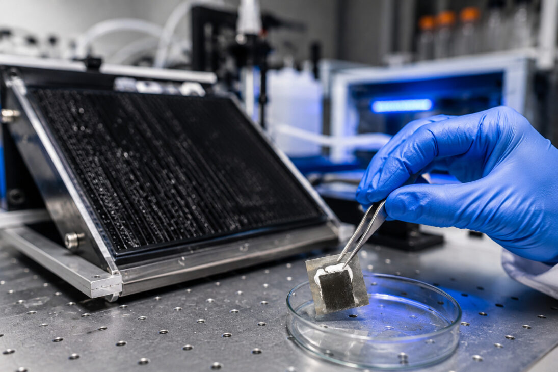 Researcher manipulates experimental desalination device in laboratory, using advanced metal plate developed to transform seawater into drinking water without generating toxic brine.