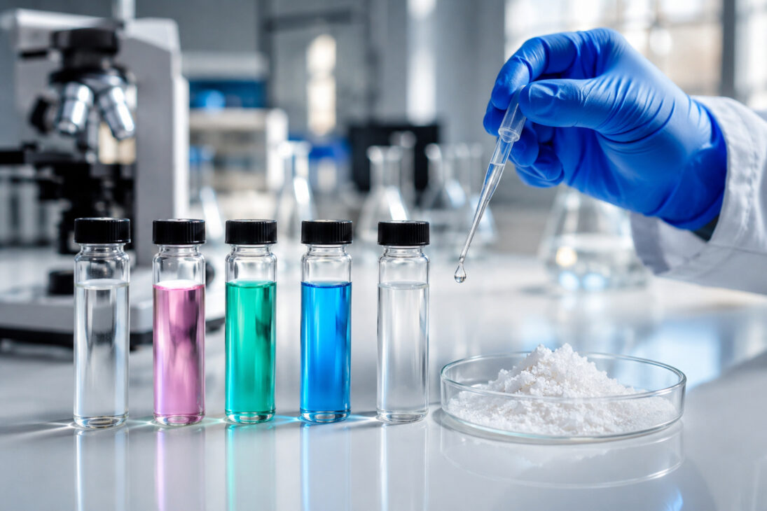 Laboratory bottles containing different liquid samples and salts recovered during sustainable desalination tests conducted by researchers who transform seawater into potable water and reusable minerals.
