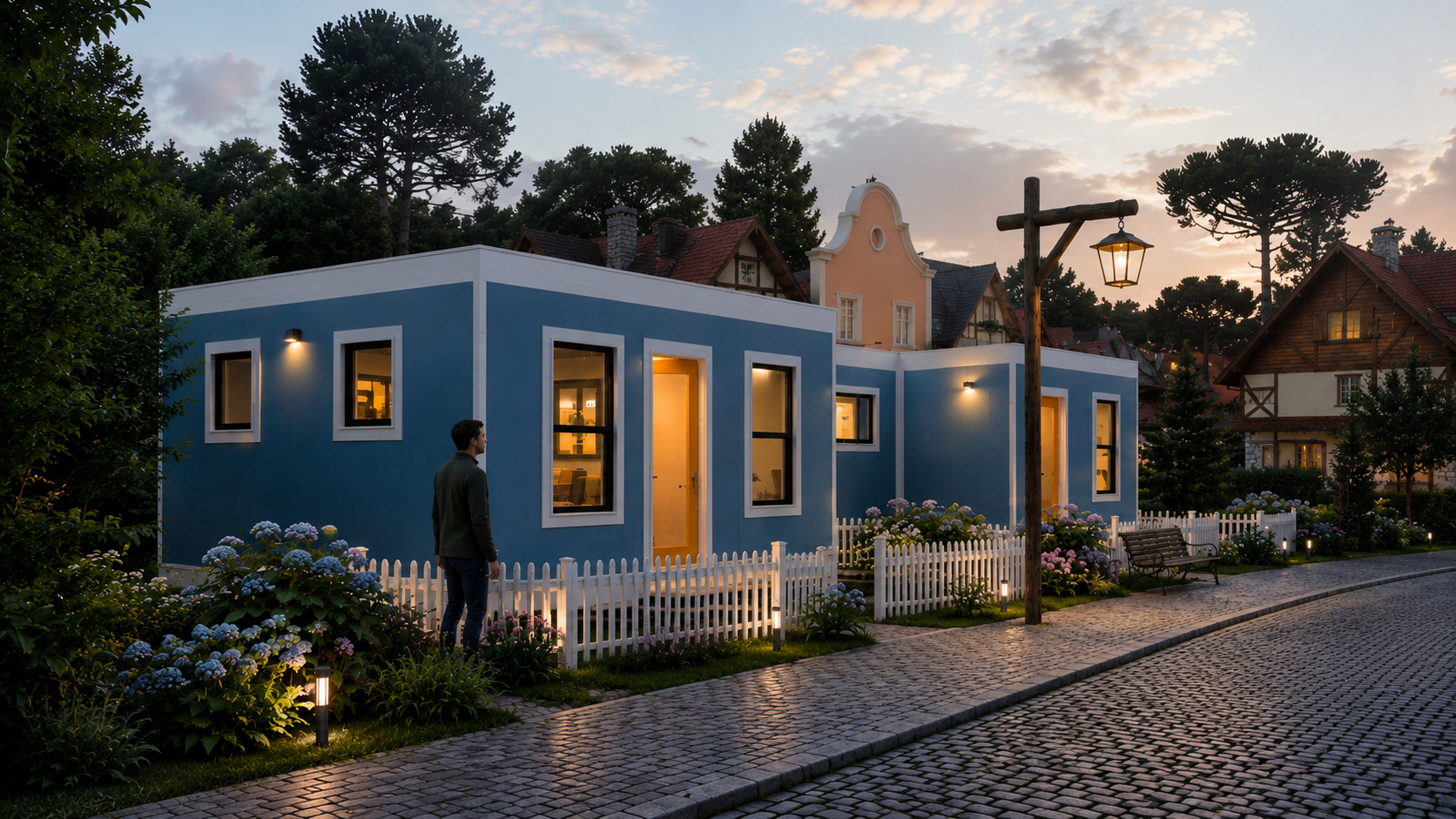 Casas modulares compactas em rua inspirada em Campos do Jordão, com arquitetura moderna, iluminação acolhedora, jardins floridos e construções tradicionais ao fundo.