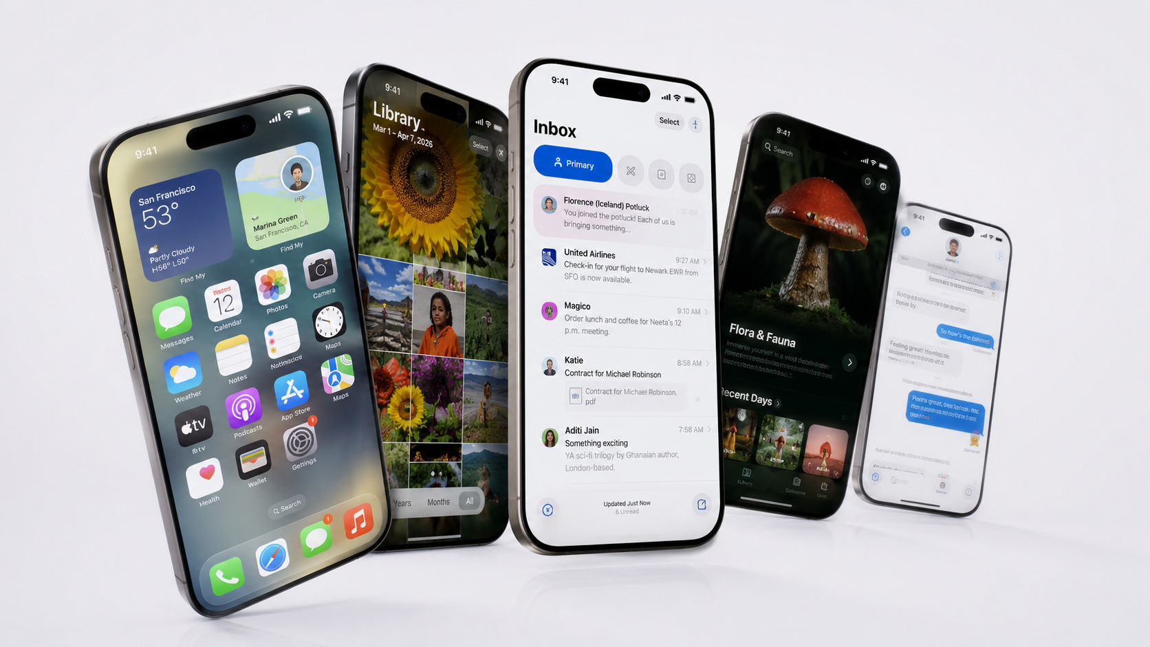 Imagem ilustrativa mostra vários iPhones com telas modernas, representando o iOS 27, a Siri IA, o Liquid Glass e novos recursos de inteligência artificial da Apple.