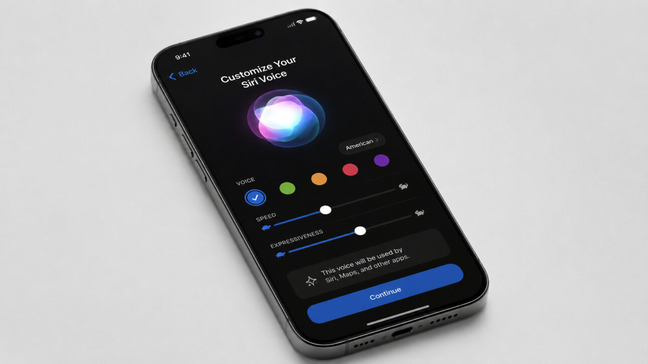 iPhone exibindo a tela de personalização da Siri IA no iOS 27, com opções de ajuste de voz, velocidade, expressividade e interface moderna em modo escuro.