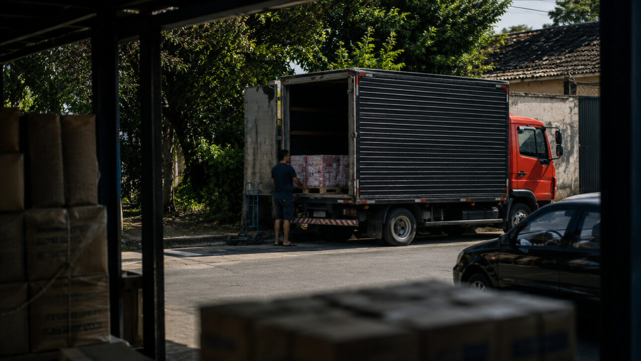 Caminhão de carga estacionado para descarregamento de mercadorias em via urbana, com trabalhador próximo ao compartimento de carga e caixas armazenadas em primeiro plano, ilustrando a cadeia de distribuição de produtos básicos para comércios locais.