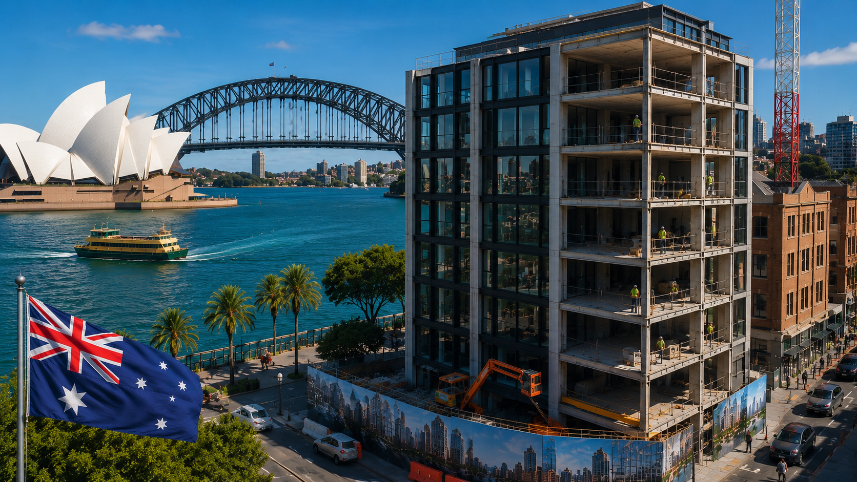 Prédio comercial em processo de conversão para apartamentos na região portuária de Sydney, com a Ópera de Sydney, a Harbour Bridge e a bandeira da Austrália ao fundo.