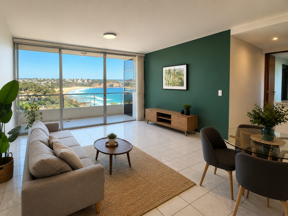 Sala de apartamento moderno com ampla janela de vidro e vista para a costa australiana, representando a transformação de edifícios comerciais em moradias residenciais na Austrália.