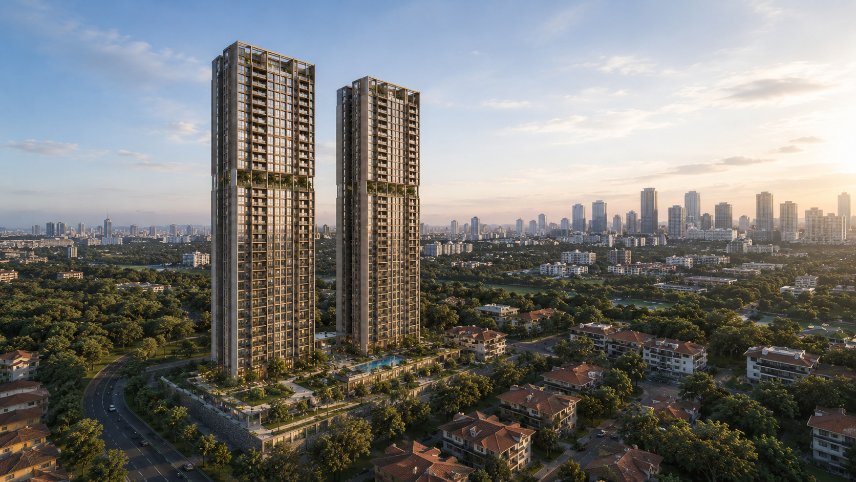 Duas torres residenciais pré-fabricadas de 56 andares em Singapura vistas de ângulo aéreo, cercadas por áreas verdes, edifícios baixos e paisagem urbana moderna ao entardecer.