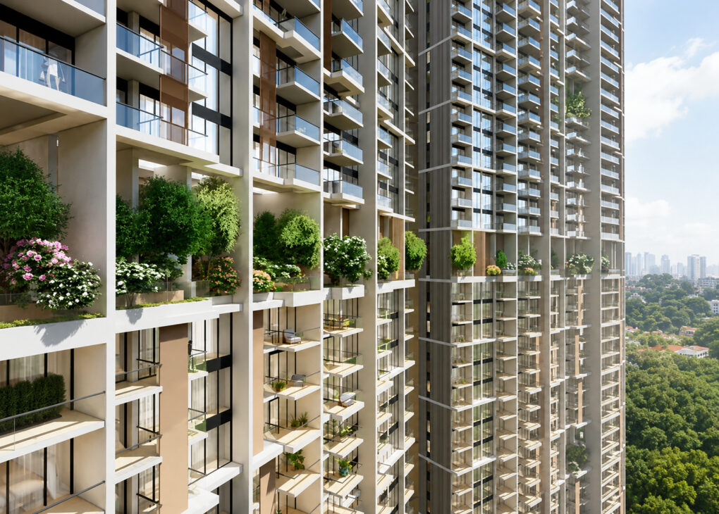 Vista aproximada das fachadas das torres do Avenue South Residences em Singapura, destacando varandas, áreas verdes integradas e módulos residenciais pré-fabricados com acabamento completo.