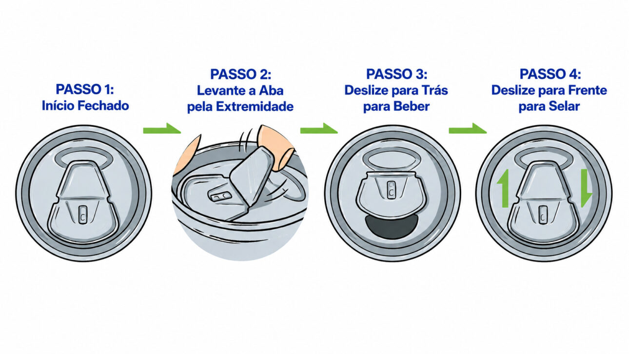 Infographic shows the operation of the reusable aluminum can from ReLid USA, with a sliding opening and closing system that allows consuming the beverage and resealing the packaging.