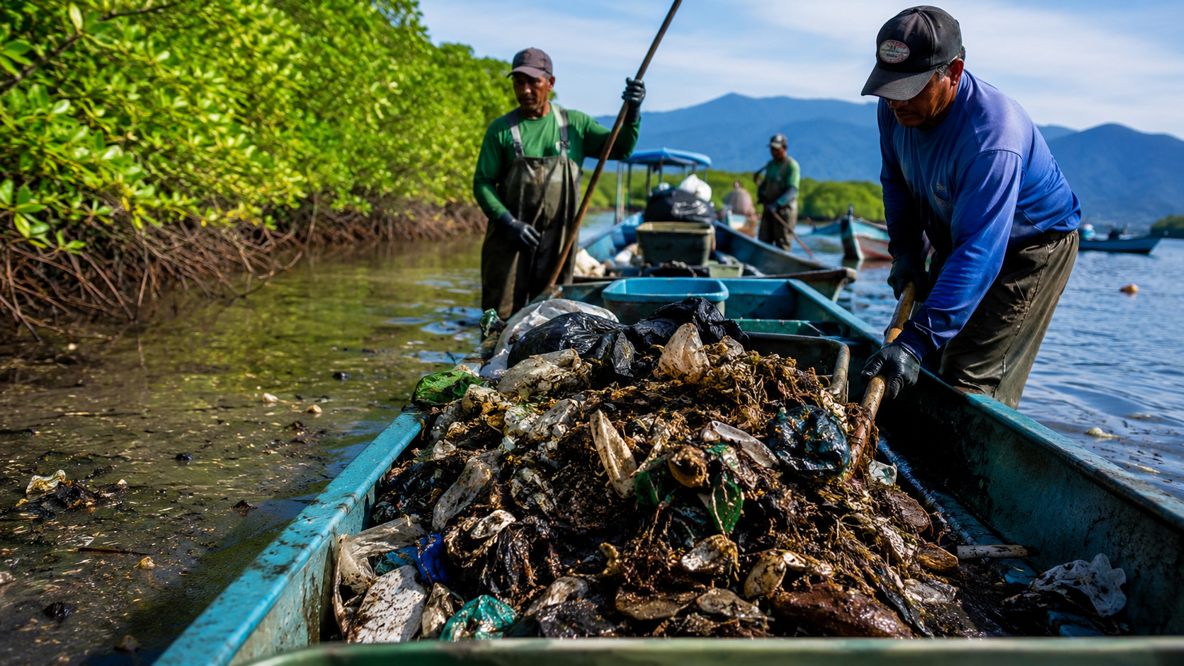 Pescadores artesanais recolhem grande quantidade de lixo marinho acumulado em embarcação durante ação de limpeza em área de manguezal no litoral de São Paulo.