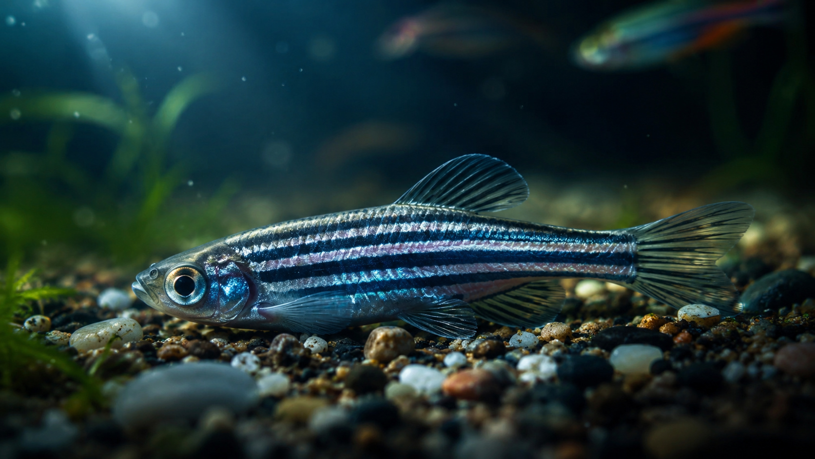 Peixe-zebra em ambiente aquático iluminado, representando estudo científico que identificou diferentes estágios de sono e movimentos oculares durante períodos de descanso.