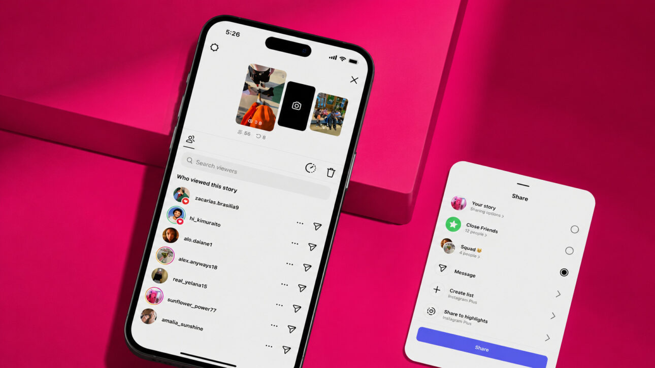 Tela ilustrativa do Instagram Plus exibindo recursos de compartilhamento avançado de stories, incluindo listas personalizadas de seguidores e opções exclusivas disponíveis para assinantes da versão paga da plataforma.