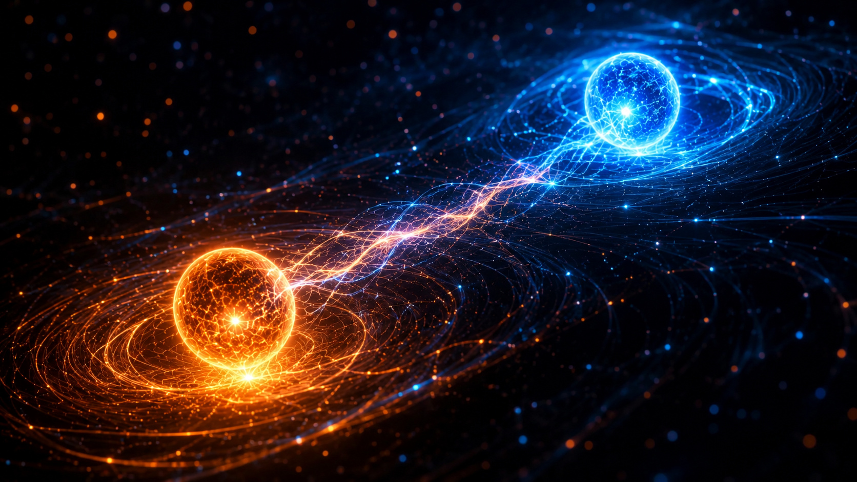 Representação artística do entrelaçamento quântico entre duas partículas conectadas por um feixe de energia, ilustrando estudos sobre fótons, tempo quântico e computação quântica.