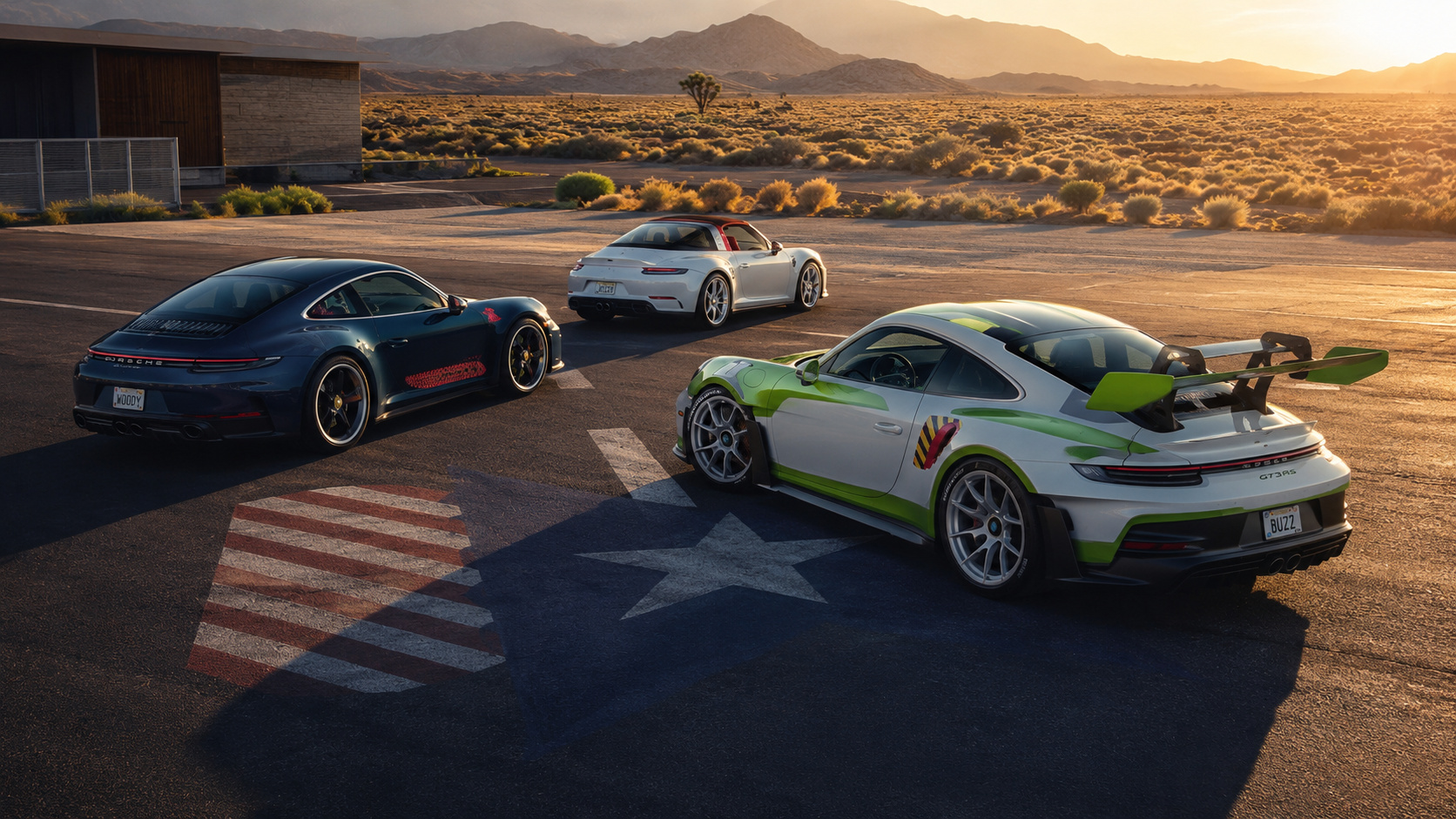 Três Porsche 911 personalizados inspirados em Woody, Buzz Lightyear e Jessie, de Toy Story 5, posicionados em uma pista no deserto durante o pôr do sol.