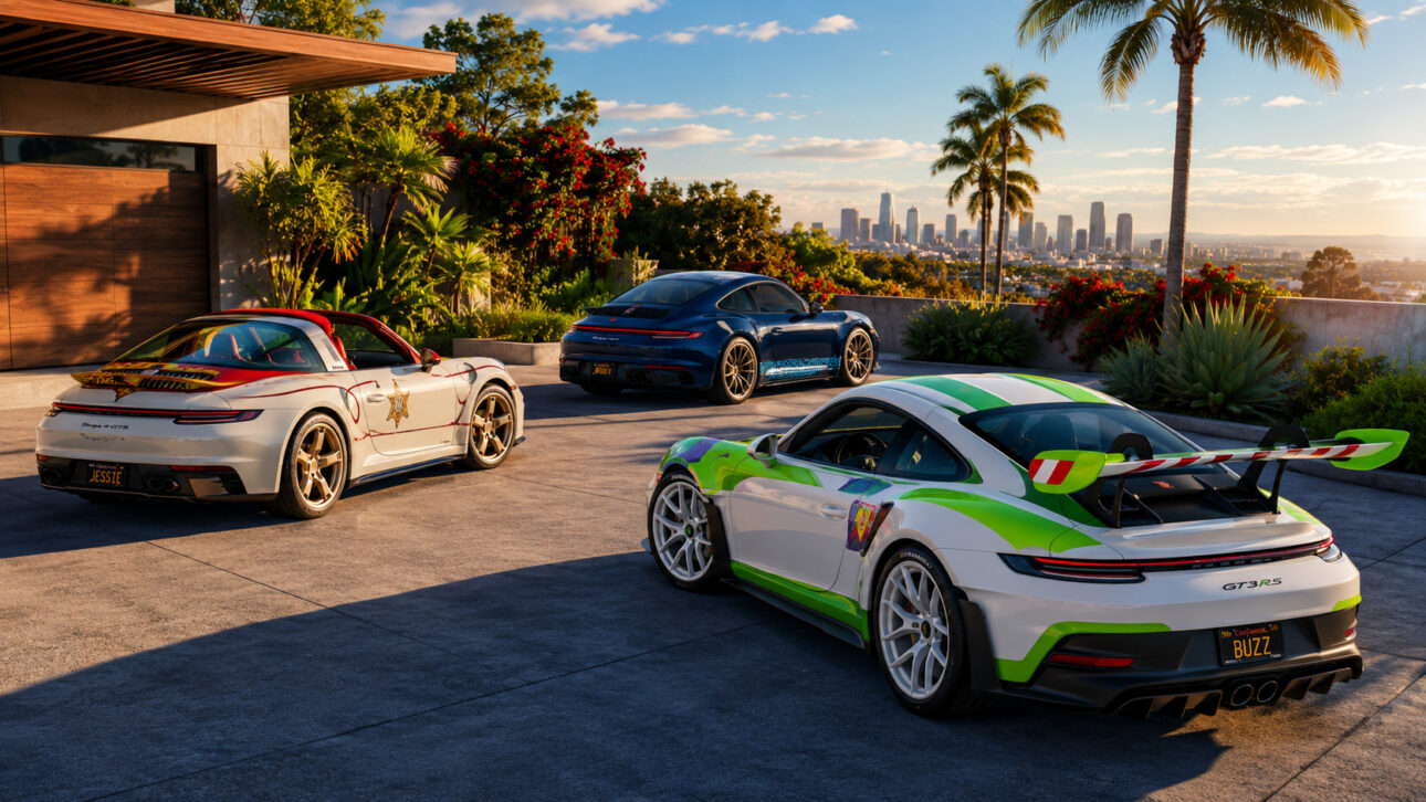 Três Porsche 911 temáticos inspirados nos personagens Woody, Buzz Lightyear e Jessie, de Toy Story 5, estacionados em uma residência de luxo cercada por jardins e vegetação tropical.