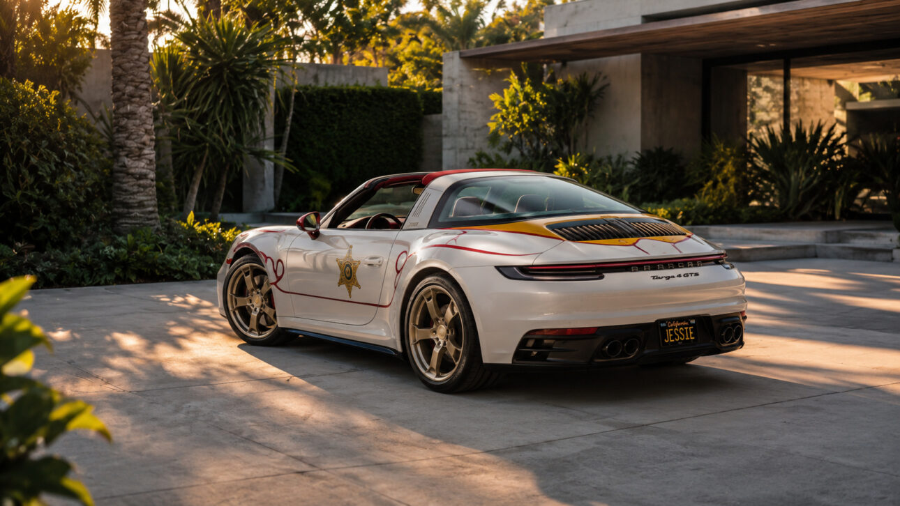 Porsche 911 Targa 4 GTS temático inspirado na personagem Jessie, de Toy Story 5, fotografado em perspectiva elevada em uma área externa com jardim tropical e vegetação ornamental ao fundo.