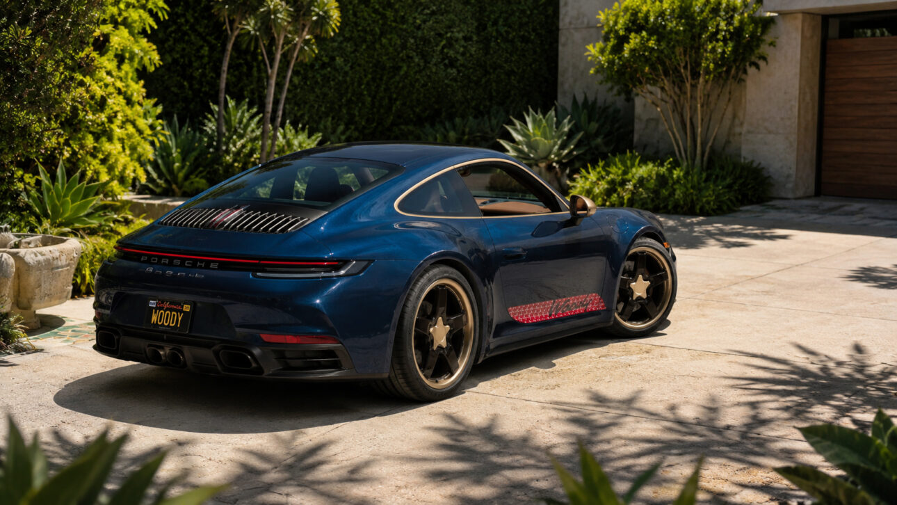 Porsche 911 Carrera T personalizado com elementos inspirados em Woody, de Toy Story 5, exibido em área externa com jardim vertical ao fundo e acabamento em azul escuro com detalhes temáticos nas laterais.