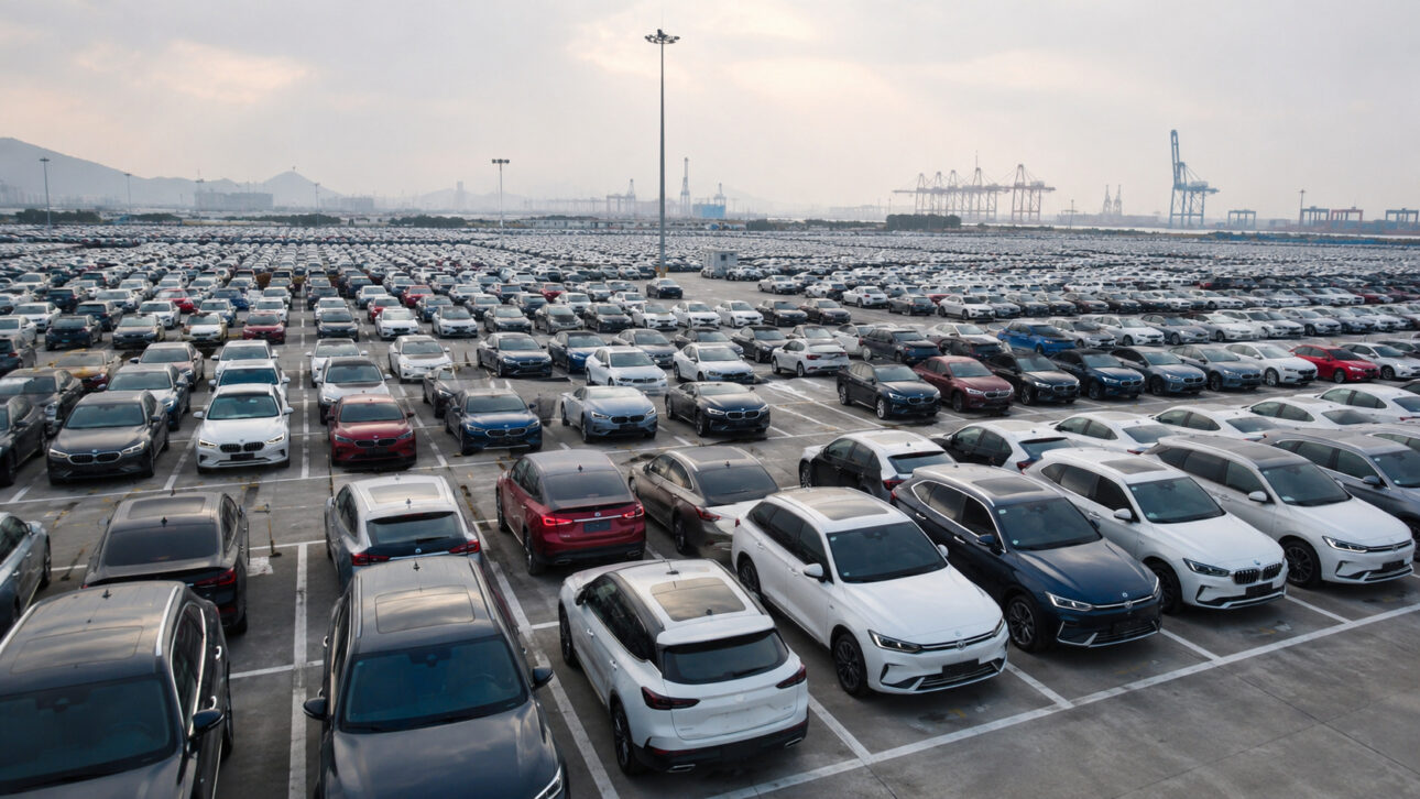 Pátio com milhares de automóveis estacionados na China, representando o mercado automotivo do país em meio ao avanço dos veículos elétricos e híbridos e à desaceleração das vendas totais.