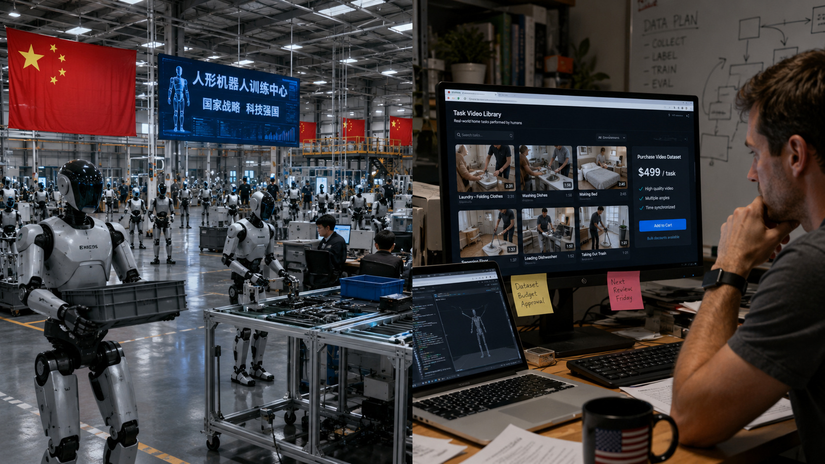 China expande centros de treinamento de robôs humanoides com apoio estatal, enquanto empresas nos EUA pagam por vídeos de tarefas domésticas.