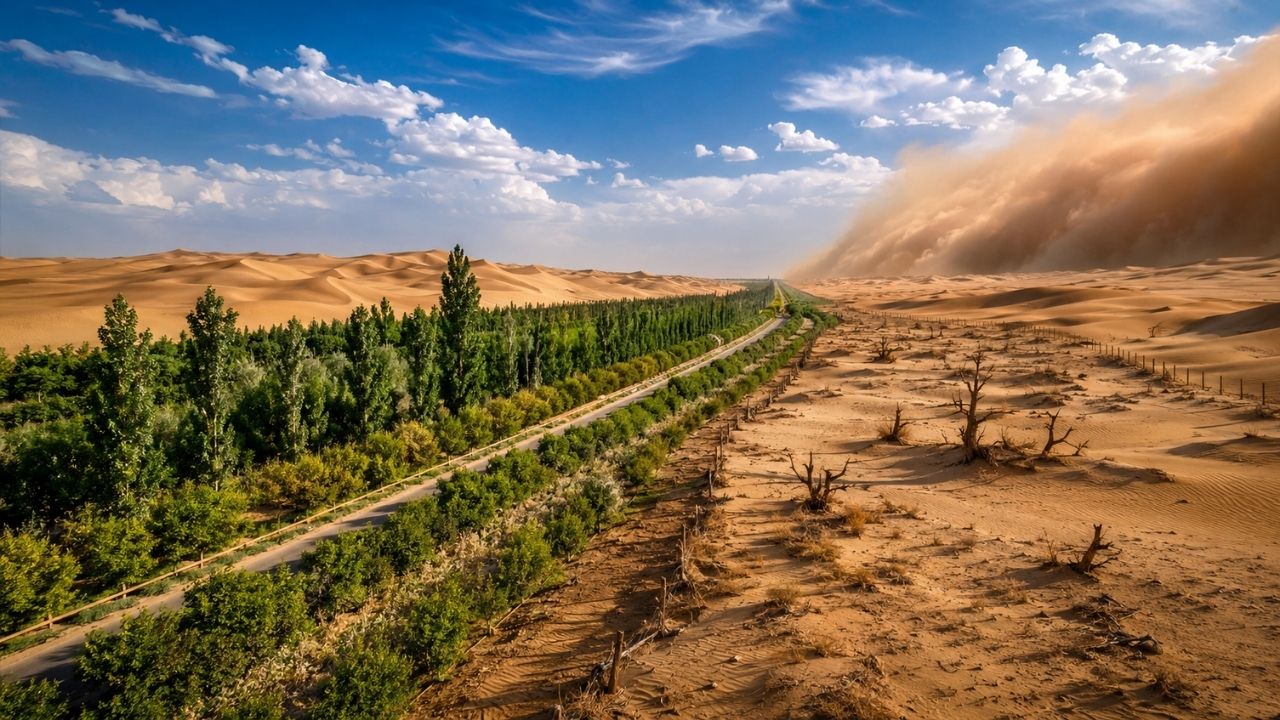 China levou 46 anos para cercar seu maior deserto com uma faixa verde de 3 mil quilômetros, mas o megaprojeto contra tempestades de areia ainda enfrenta seca, baixa