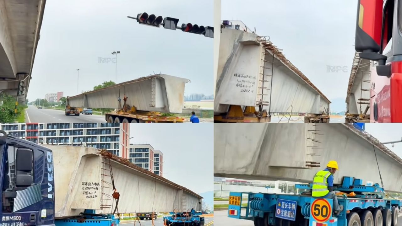 China instala puente en 24 horas con grúas Zoomlion, vigas de 125 toneladas y convoy nocturno en operación sobre río.