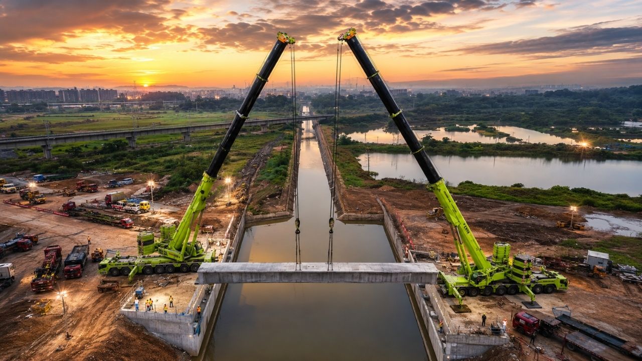 China monta ponte sobre rio em apenas 24 horas usando dois guindastes Zoomlion de 650 toneladas, 9 vigas de 125 toneladas e comboio de mais de 100 km com carretas, contrapesos (9)