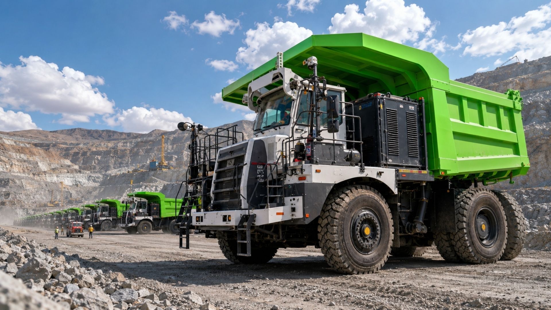 A Zijin criou o LK220E, caminhão elétrico de 140 toneladas com bateria de 770 kWh trocável em 4 minutos, para a mineração de zinco, e já opera 290 unidades.