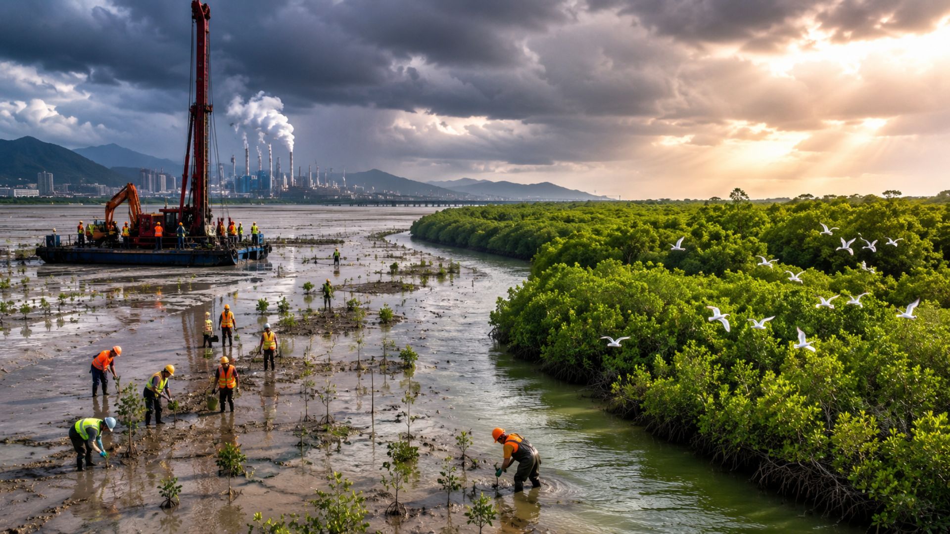 A China testa solo, salinidade e marés e restaura 13 hectares de manguezal em Fujian com árvores e arbustos que resistem às ondas e capturam mais carbono.
