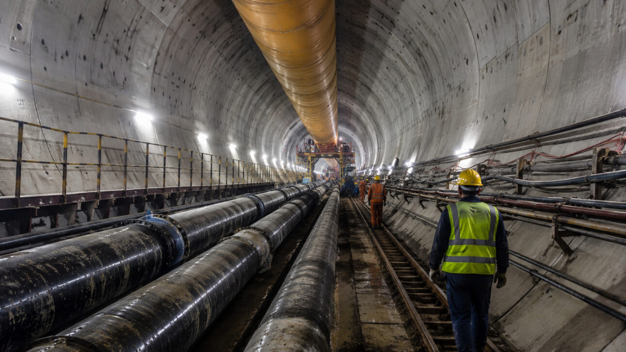 Túnel subterrâneo em obras com grandes tubulações, iluminação industrial e trabalhadores usando equipamentos de segurança.