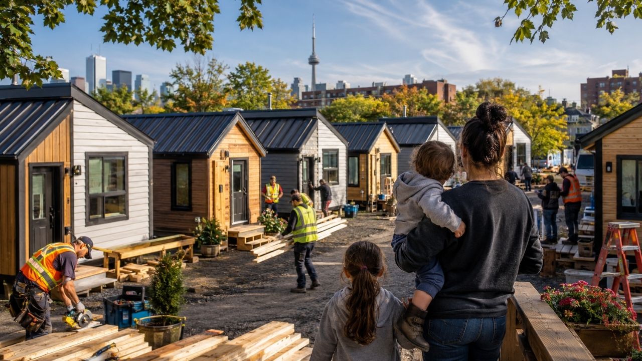 Cidade canadense onde 100 jovens dormem sem casa viu voluntários erguerem 8 microcasas em apenas 72 horas, enquanto projeto promete 40 lares acessíveis para famílias chefiadas (1)