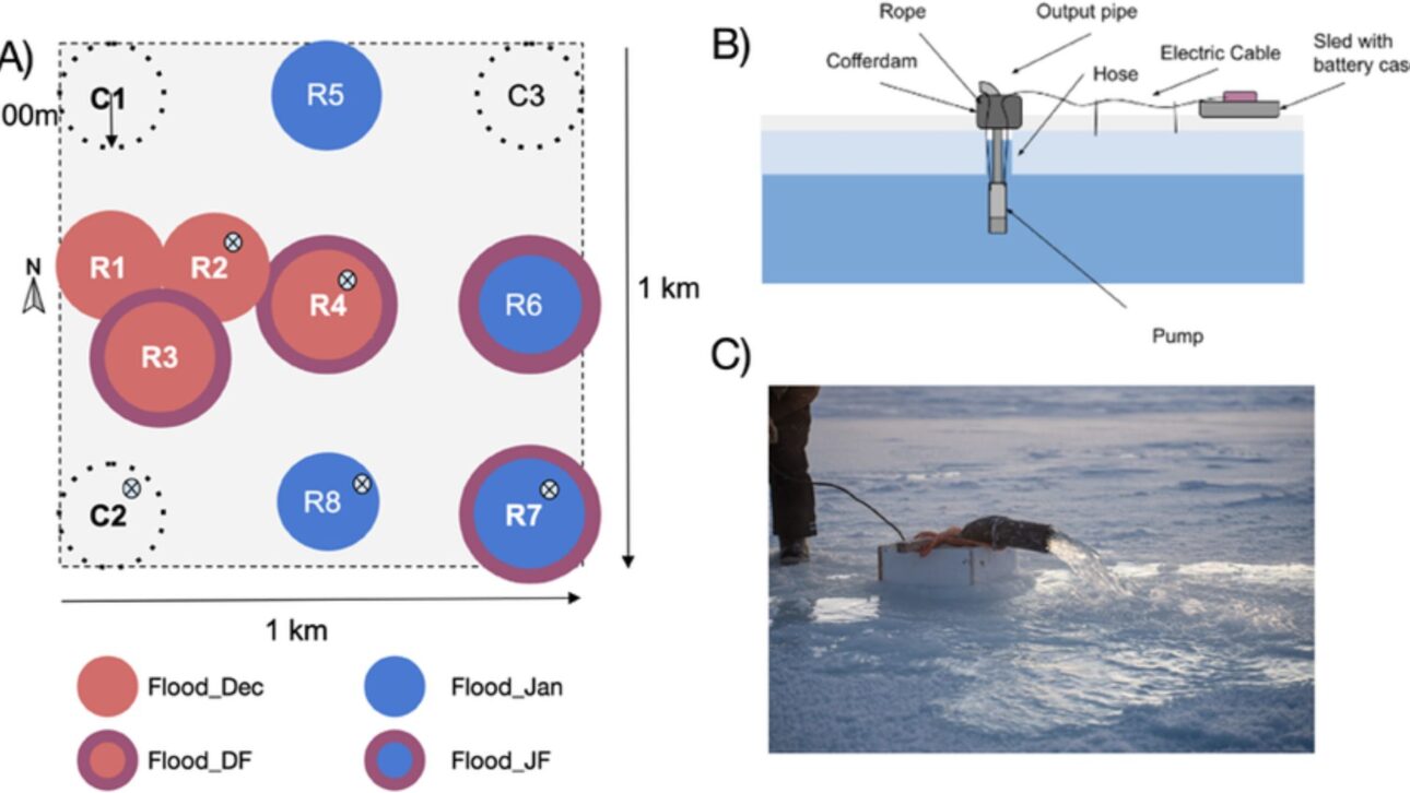 (a) Proyecto del sitio de prueba en Cambridge Bay, (b) Esquema del sistema de bombeo. La escala vertical es de aproximadamente 2–3 m; la salida de la bomba está a aproximadamente 50 cm sobre la superficie. (c) Bombeo de agua de mar sobre el hielo.