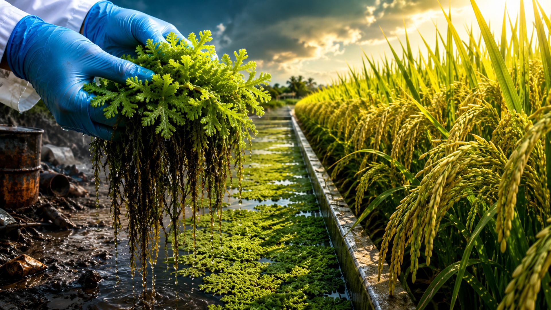 Estudo de Rússia e Egito mostra que a samambaia azolla limpa solos com metais pesados por fitorremediação e eleva o arroz em quase 64%.