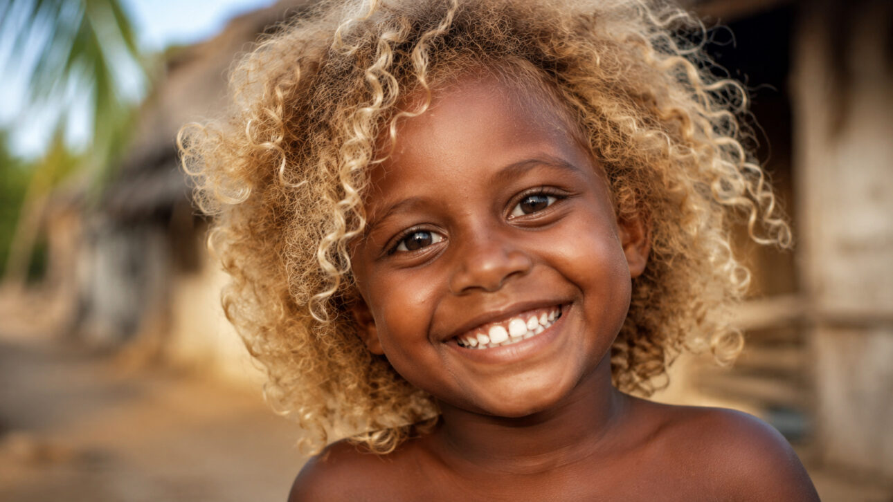 Criança de pele escura com cabelos loiros naturais sorrindo em ambiente tropical, representando mutação genética rara nas Ilhas Salomão.
