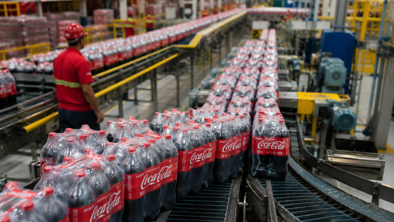 Centro de distribuição de bebidas com movimentação logística, embalagens e clima de preparação para a Copa de 2026 no Brasil.