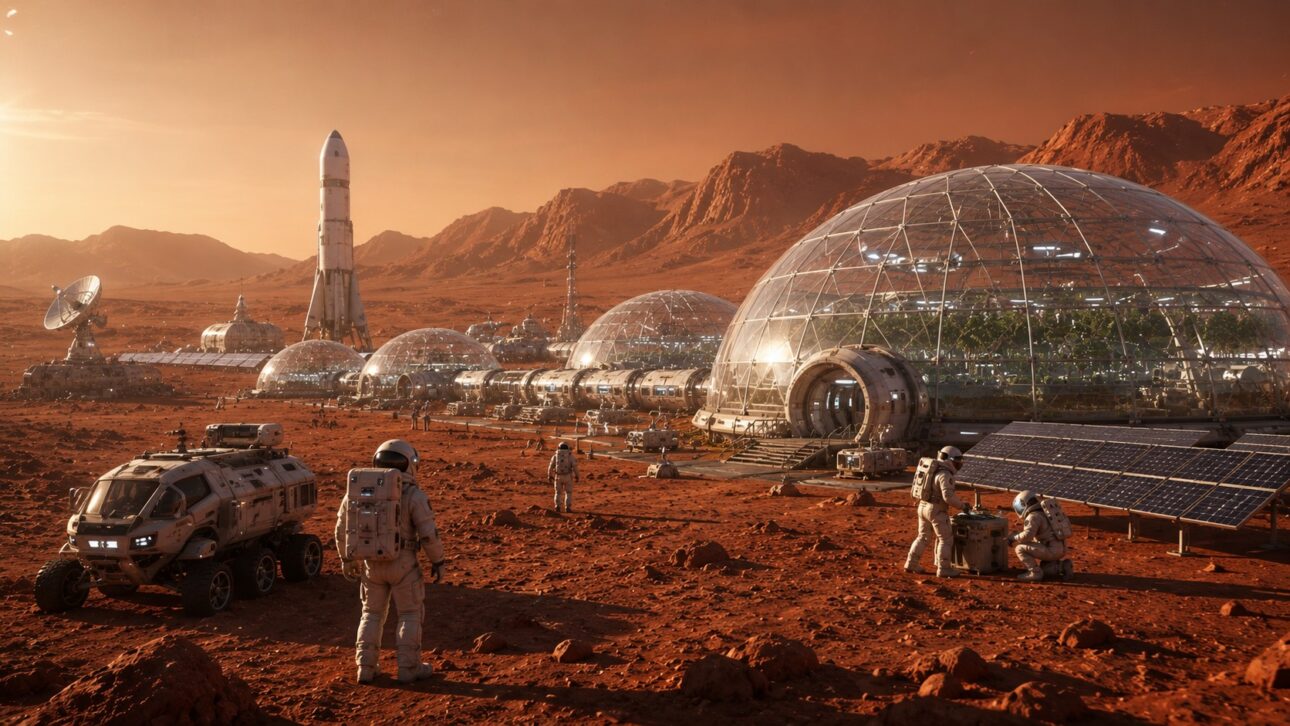 Colonia humana futurista en Marte con cúpulas transparentes, astronautas trabajando, vehículos espaciales, paneles solares y horizonte marciano realista