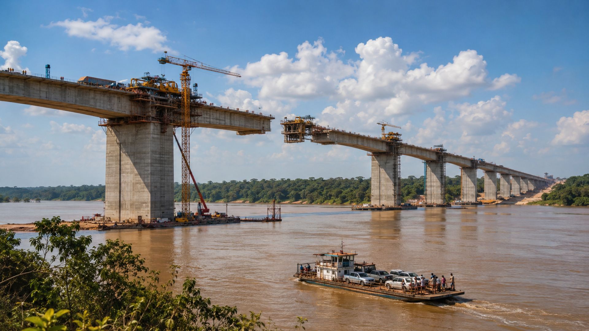 A maior ponte de Mato Grosso, com 1.410 metros sobre o Rio Juruena, já atingiu 66% das obras e vai trocar a balsa de uma hora por uma travessia de menos de um minuto.