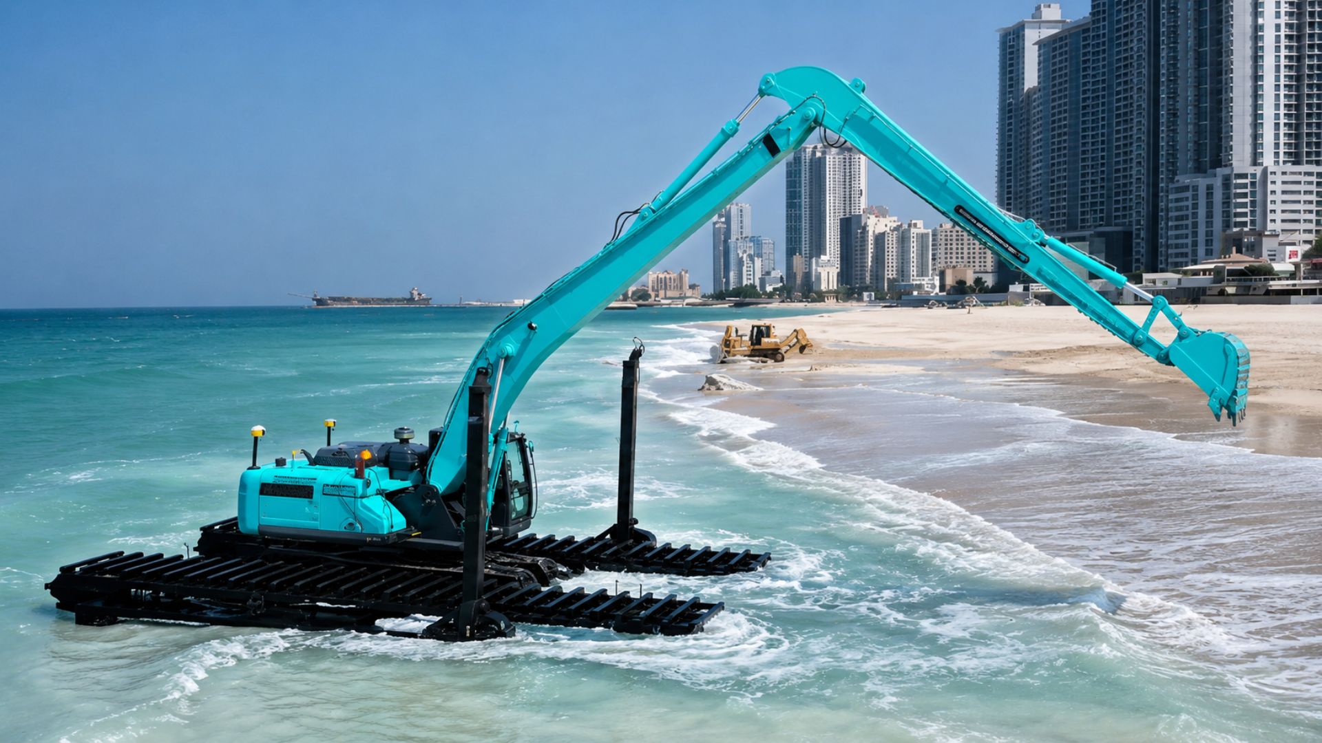 A Kobelco SK850 modificada pela Al Marwan, em Sharjah, vira escavadeira anfíbia e de plataforma alta para construir portos, cais e ilhas dentro da água.