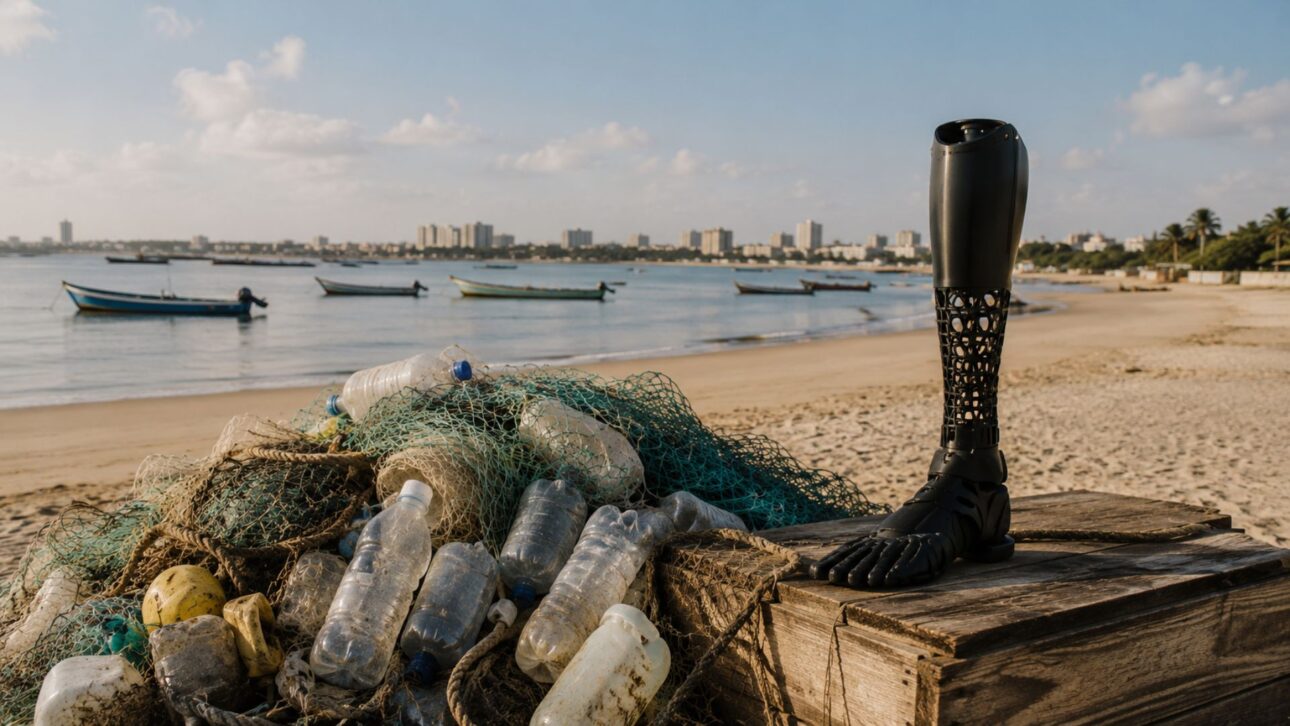 In Mozambique, engineer Marta Uetela created at BioMec the prosthesis made from ocean plastic: 6 bottles become a leg in 24h for amputees without access.